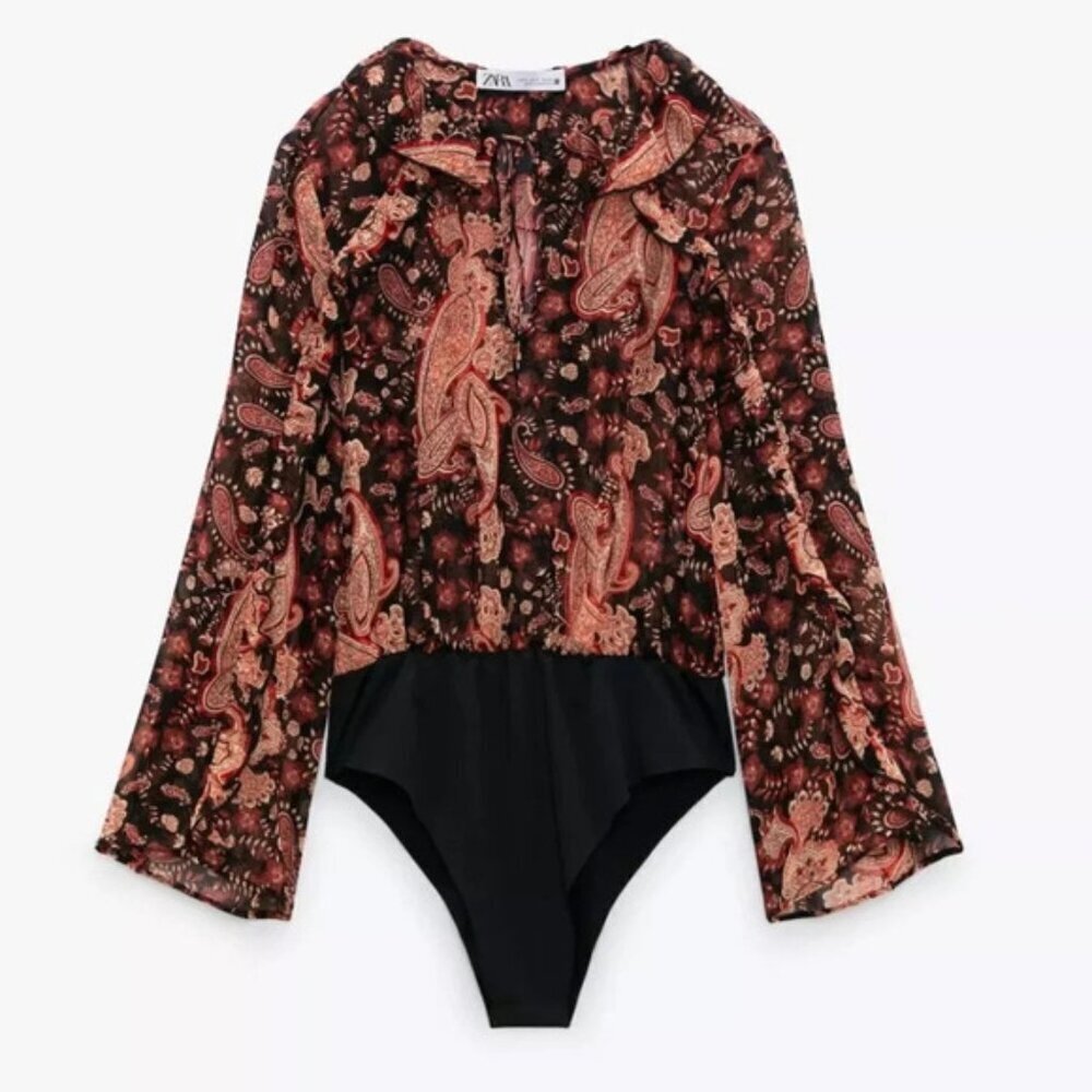 Zara Printed Ruffled Bodysuit Multicolor Sz XS